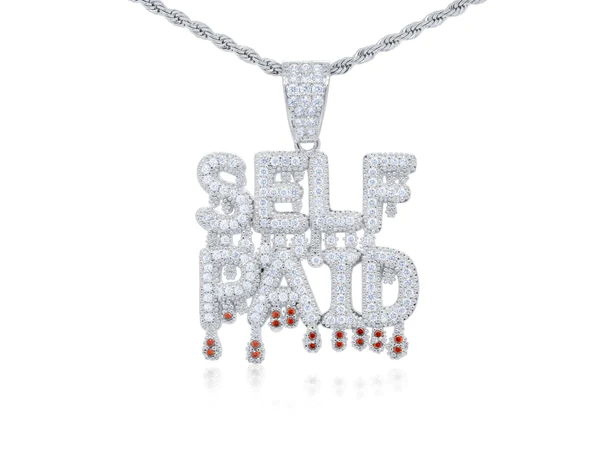 Round White VVS Diamond Customized Letter SELF PAID Hip Hop Pendant, Sterling Silver Iced Out Birthday Gift Pendant, Charm Diamond Hip Hop Pendant