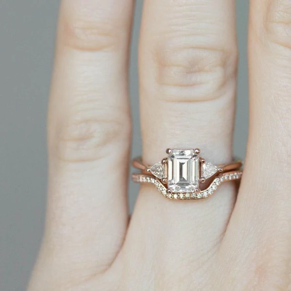 Pear & Emerald Cut Moissanite Solitaire Diamond Engagement Ring Set, Sterling Silver Moissanite Diamond Wedding Ring Set For Bridal, 10K/14K Gold Anniversary Diamond Ring For Gift