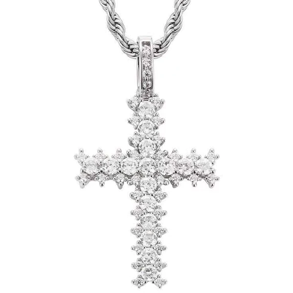 Round White VVS Diamond CROSS Hip Hop Pendant, Sterling Silver Iced Out Birthday Gift Pendant, Charm Diamond Hip Hop Pendant