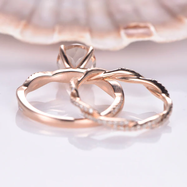 7mm Round Cut Morganite Engagement Ring Set Rose Gold Twist Diamond Wedding Band Full Eternity Natural Morganite Diamond Bridal Set