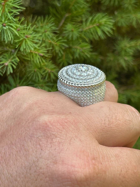 925 Sterling Silver Round Moissanite Diamond HUGE Men Ring, Fully Iced Gold Plated Moissanite Round Hip Hop Rapper Pinky Ring, Round Moissanite Diamond Hip Hop Ring For Him