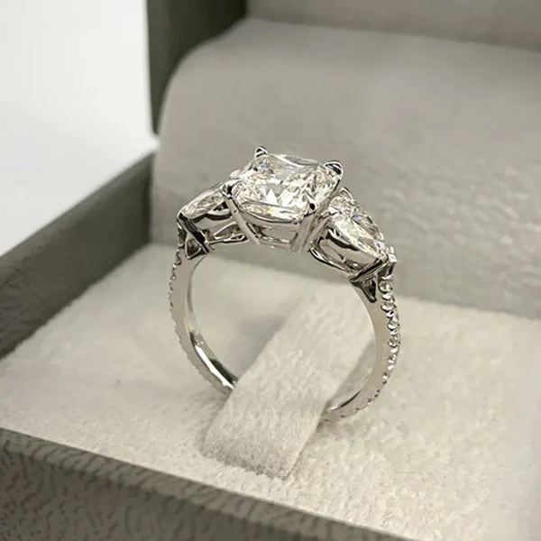 Cushion & Pear 3 Stone Moissanite Solitaire Diamond Engagement Ring, Sterling Silver Moissanite Diamond Wedding Ring For Bridal, 10K/14K Gold Anniversary Diamond Ring For Gift