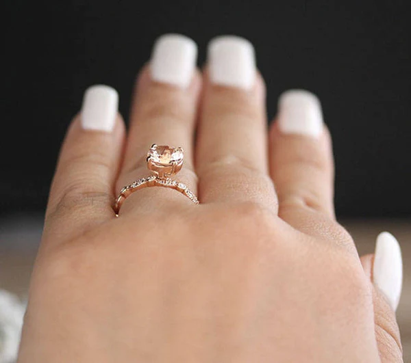 4_969cad89-09be-494c-8e9b-222ec1ca66ae_600x600 Bridal Ring Set with 8mm Round Morganite and Diamonds in 10k Rose Gold, Morganite Engagement Ring, Milgrain Diamond Half Eternity Band
