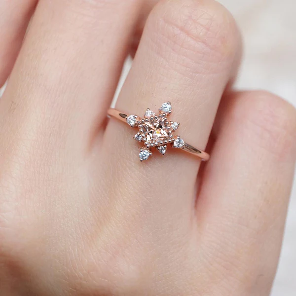 Natural Morganite & Diamond, Morganite Diamond Ring, 14k Morganite Ring, Princess Morganite Ring, Morganite Cluster Ring,Pink Morganite Ring