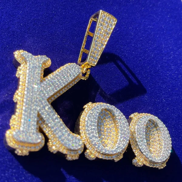 14k Gold Finish KOO Custom Letter Hip Hop Charm VVS Diamond Pendant, Sterling Silver Iced Out VVS Diamond Pendant, Charm Diamond Hip Hop Pendant