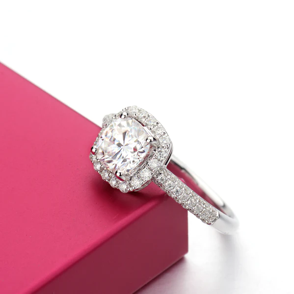 Cushion Moissanite Halo Diamond Engagement Ring, Sterling Silver Moissanite Diamond Wedding Ring For Bridal, 10K/14K Gold Anniversary Diamond Ring For Gift