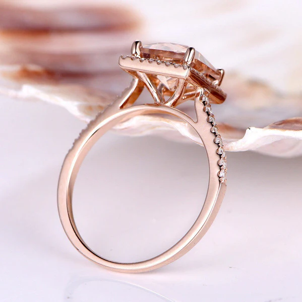 Princess Cut Morganite Engagement Ring Rose Gold Natural Diamond Halo Ring Diamond Band 14K Promise Ring Anniversary Ring