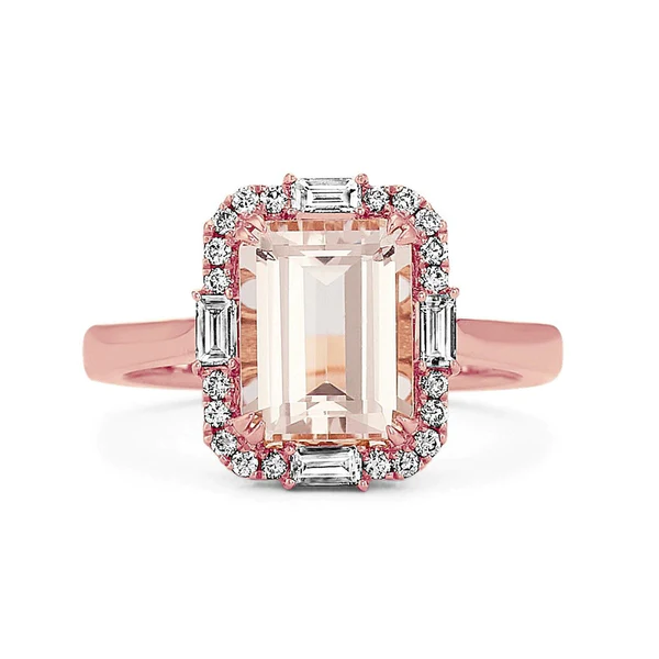 Unique Halo Morganite Engagement Ring Rose Gold Morganite Engagement Ring Emerald Cut Morganite Wedding Ring Morganite Bridal Promise Ring