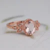 Pink-peach Oval Morganite Ring, Vintage Leaf Design Engagement Ring, white diamond solid rose gold ring