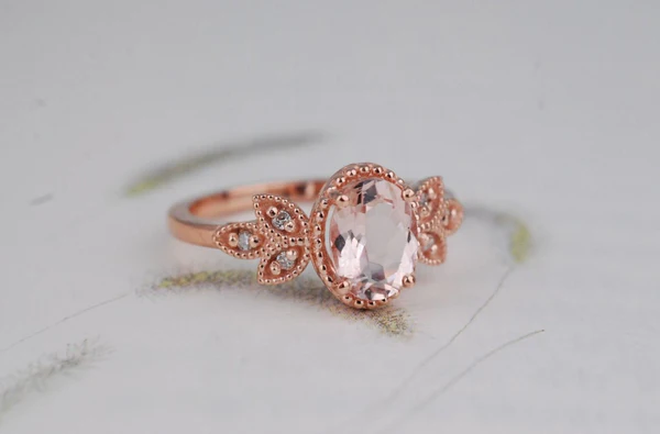 Pink-peach Oval Morganite Ring, Vintage Leaf Design Engagement Ring, white diamond solid rose gold ring