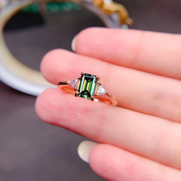 Dainty & Gorgeous Rectangle Emerald Cut Green Moissanite Ring, Sterling Silver Ring, Women's Ring Promise ring