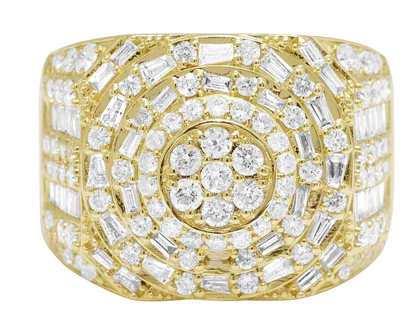 925 Sterling Silver Baguette Moissanite Diamond Men Ring, Fully Iced Gold Plated Men Pinky Ring, Round Moissanite Diamond Hip Hop Ring For Him