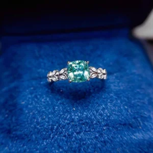 Dainty & Gorgeous Green Cushion Moissanite Ring Leafs band ring 1ct D Color VVS Women Ring For Wedding, Sterling Silver Anniversary gift, Women's Ring