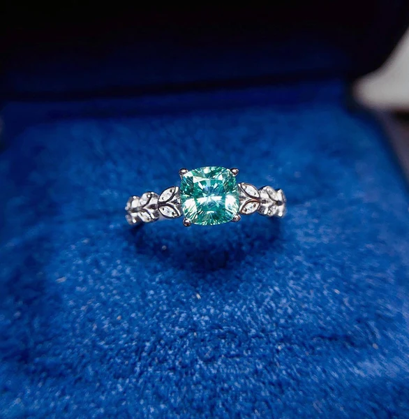 Dainty & Gorgeous Green Cushion Moissanite Ring Leafs band ring 1ct D Color VVS Women Ring For Wedding, Sterling Silver Anniversary gift, Women's Ring