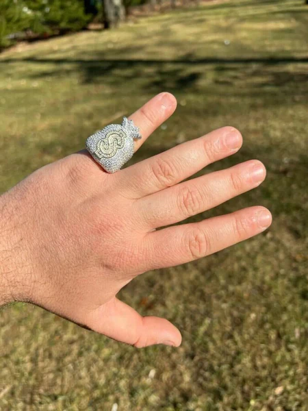 Baguette & Round Moissanite Diamond Customized Diamond Ring, Sterling Silver Money Bag Men Ring For Birthday Gift, Gold Plated Diamond Ring