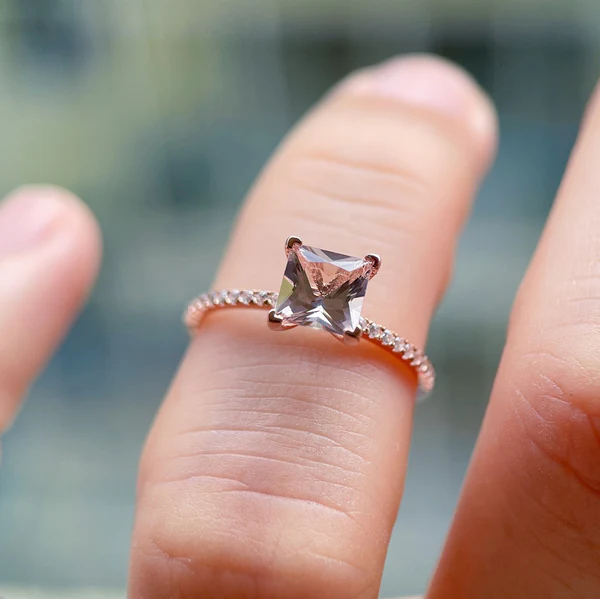 Natural Pink Morganite and Diamond Engagement Ring, 2 Carat Rose Gold Princess Cut Wedding Ring, Anniversary Promise Ring Gifts