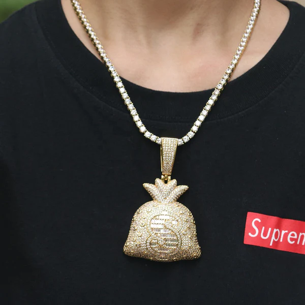 Round & Baguette White VVS Diamond Money Bag Hip Hop Pendant, Sterling Silver Iced Out Birthday Gift Pendant, VVS Diamond Hip Hop Charm Pendant