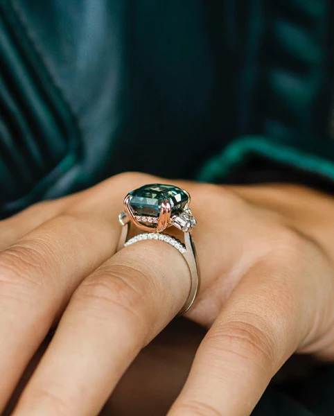 Dark Green Moissanite Diamond Ring 14K Two Ton Diamond Ring Fancy Colour Diamond Ring Vintage Wedding Ring Asscher Cut Diamond Ring