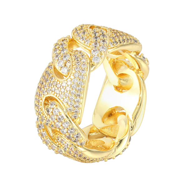 925 Sterling Silver Round Moissanite Diamond Cuban Men Ring, Fully Iced Gold Plated Men Pinky Ring, Round Moissanite Diamond Hip Hop Ring For Him