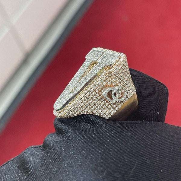 Baguette & Round Moissanite Diamond Customized Diamond Ring, Sterling Silver Champion Men Ring For Birthday Gift, Gold Plated Diamond Ring