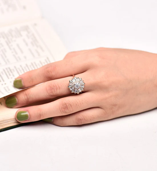 Moissanite Engagement Ring Round cut wedding ring art deco baguette cut ring solid rose gold ring anniversary ring