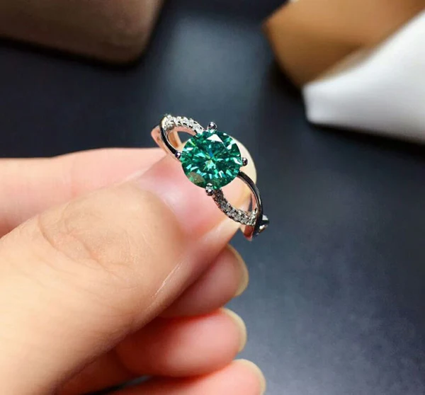 Green Moissanite Ring, 925 Sterling Silver, 2ct Moissanite Ring, Engagement Ring, Wedding Ring, Luxury Ring/Band, Round Cut Ring