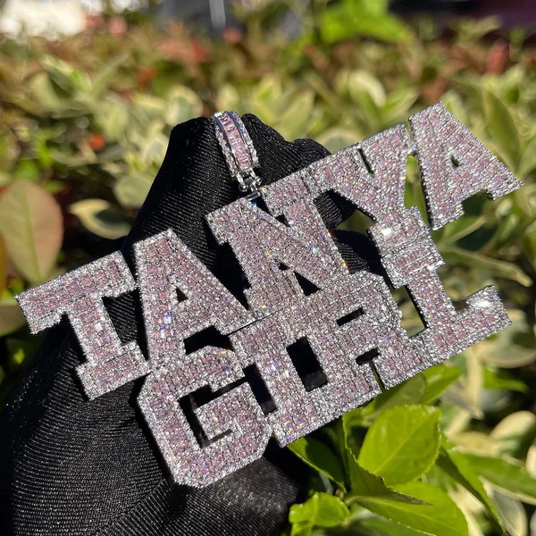 Baguette Pink Letters Iced Out Custom Name VVS Diamond Pendant, Personalized Necklace, Gift For Him Her, VVS Diamonds Hip Hop Jewelry, Boss Custom Letter Pendant