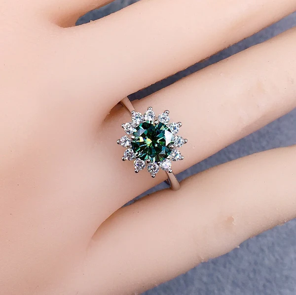 5_1a9bfeec-bb71-473f-9c98-3fc0fc9e5649_600x600 Green Moissanite Ring, Sunflower Design, Brilliant Round Cut Moissanite Diamond Ring | 925 Sterling Silver