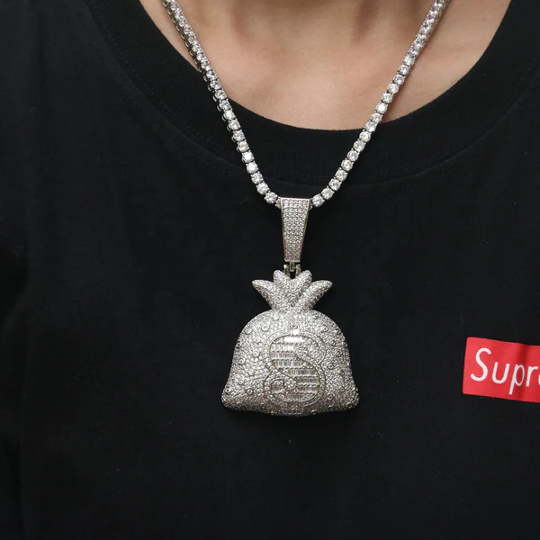 Round & Baguette White VVS Diamond Money Bag Hip Hop Pendant, Sterling Silver Iced Out Birthday Gift Pendant, VVS Diamond Hip Hop Charm Pendant