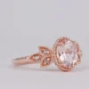 Pink-peach Oval Morganite Ring, Vintage Leaf Design Engagement Ring, white diamond solid rose gold ring