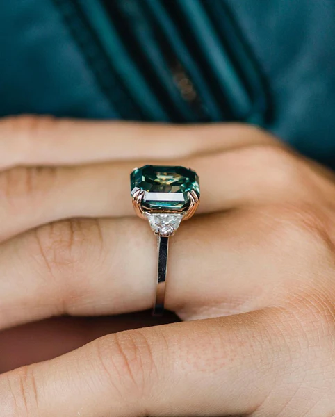 Dark Green Moissanite Diamond Ring 14K Two Ton Diamond Ring Fancy Colour Diamond Ring Vintage Wedding Ring Asscher Cut Diamond Ring