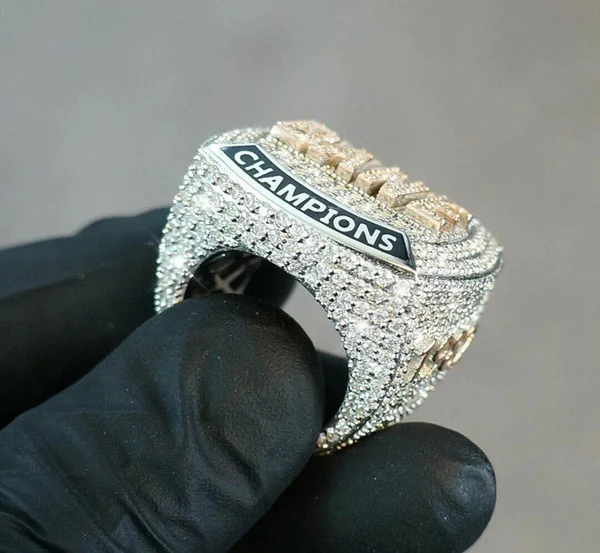 925 Sterling Silver Round Moissanite Diamond Champion Men Ring, Fully Iced Gold Plated Men Pinky Ring, Round Moissanite Diamond Hip Hop Ring For Him