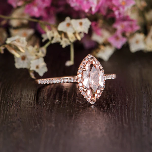 Marquise Morganite Engagement Ring Rose Gold Unique Wedding Ring Antique Natural Diamond Halo Women Anniversary Promise Gift for her Bridal