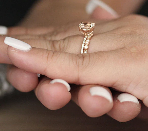 5_7b07ba9a-92e7-4f81-a77a-dced06220443_600x600 Bridal Ring Set with 8mm Round Morganite and Diamonds in 10k Rose Gold, Morganite Engagement Ring, Milgrain Diamond Half Eternity Band