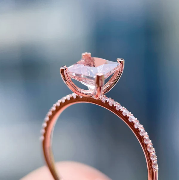 Natural Pink Morganite and Diamond Engagement Ring, 2 Carat Rose Gold Princess Cut Wedding Ring, Anniversary Promise Ring Gifts