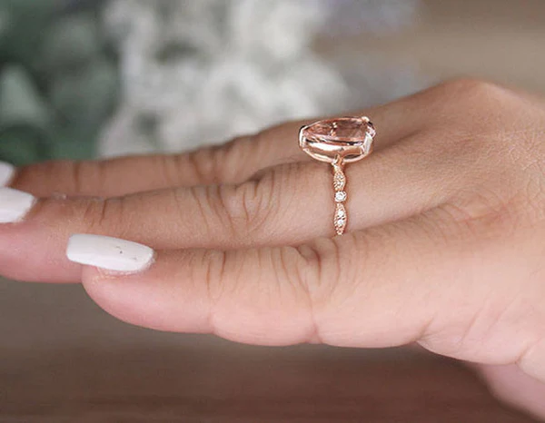 Engagement Ring, Morganite Pear Diamond Ring, Diamond Milgrain Band, Wedding Ring, 14k Rose Gold Morganite Ring, Handmade Ring