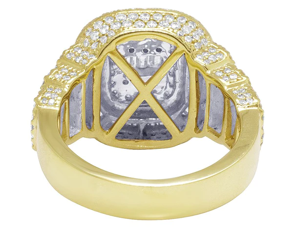 925 Sterling Silver Baguette Moissanite Diamond Men Ring, Fully Iced Gold Plated Men Pinky Ring, Round Moissanite Diamond Hip Hop Ring For Him