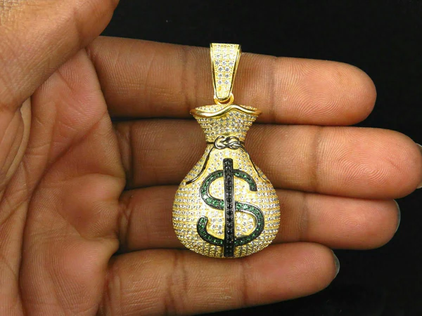 Round VVS Diamond MONEY BAG Customized Pendant, VVS Diamond Hip Hop Pendant, Full Iced Out Diamond Pendant, Gold Plated Diamond Pendant