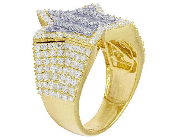 925 Sterling Silver Moissanite Diamond STAR Men Ring, Fully Iced Gold Plated Men Pinky Ring, Round Moissanite Diamond Hip Hop Ring For Him