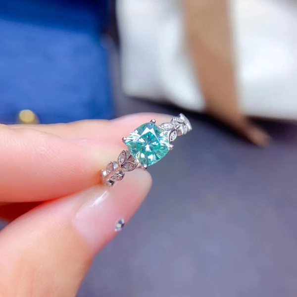 Dainty & Gorgeous Green Cushion Moissanite Ring Leafs band ring 1ct D Color VVS Women Ring For Wedding, Sterling Silver Anniversary gift, Women's Ring