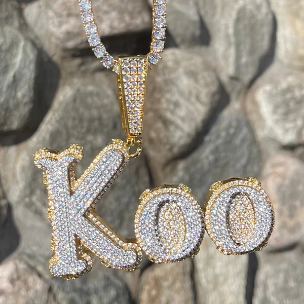 14k Gold Finish KOO Custom Letter Hip Hop Charm VVS Diamond Pendant, Sterling Silver Iced Out VVS Diamond Pendant, Charm Diamond Hip Hop Pendant