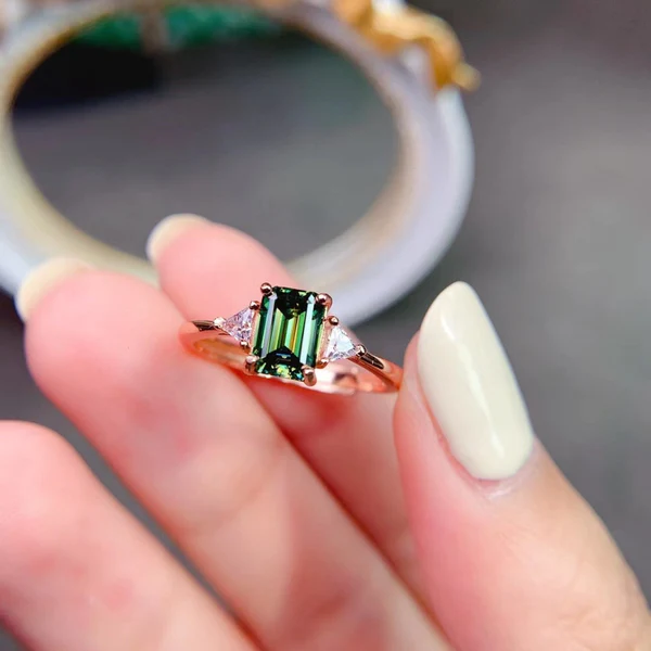 Dainty & Gorgeous Rectangle Emerald Cut Green Moissanite Ring, Sterling Silver Ring, Women's Ring Promise ring