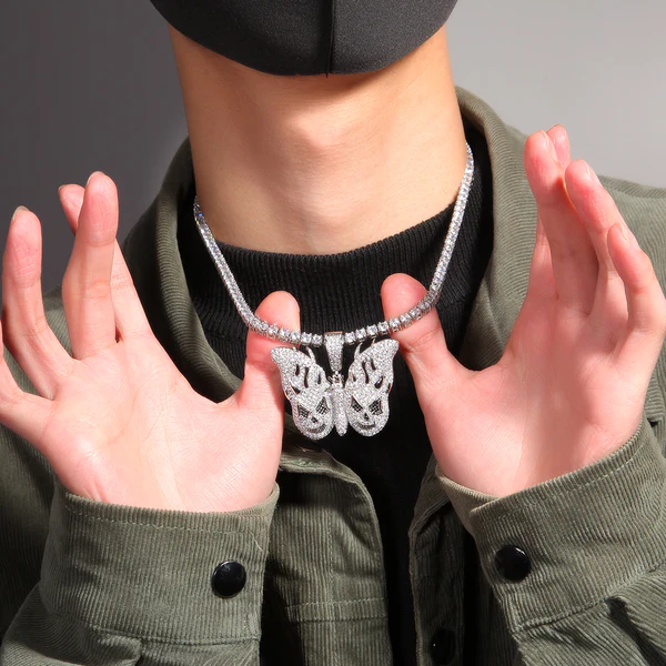 Round White VVS Diamond BUTTERFLY SKULL Hip Hop Pendant, Sterling Silver Iced Out Birthday Gift Pendant, Charm Diamond Hip Hop Pendant