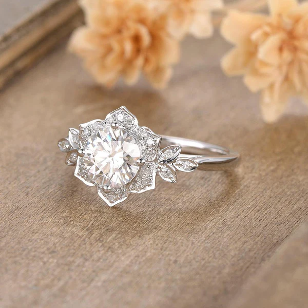 Round Moissanite Flower Floral Solitaire Diamond Engagement Ring, Moissanite Wedding Ring, Silver Moissanite Diamond Women Ring, Proposal Gold Ring For Her