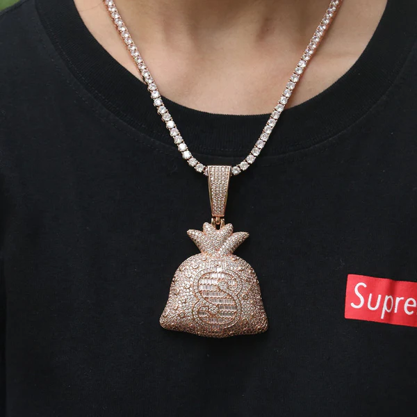 Round & Baguette White VVS Diamond Money Bag Hip Hop Pendant, Sterling Silver Iced Out Birthday Gift Pendant, VVS Diamond Hip Hop Charm Pendant