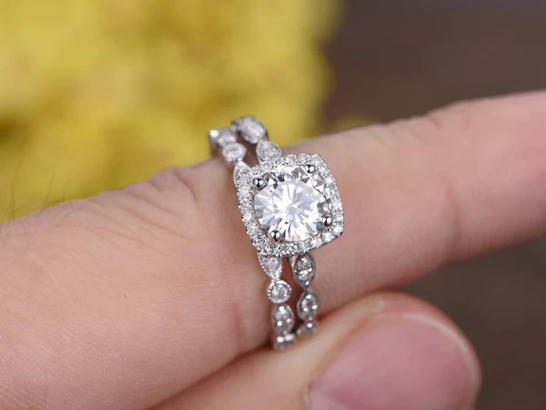 6_91de267b-a4a4-4db9-af33-4a754e7d1f60_600x600 Round Moissanite Diamond ring with matching band, round Moissanite ring and matching band bridal set, round Moissanite ring and band set