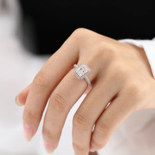 Emerald Cut Moissanite Halo Diamond Engagement Ring, Sterling Silver Moissanite Diamond Wedding Ring For Bridal, 10K/14K Gold Anniversary Diamond Ring For Gift