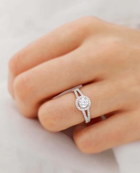 Round Cut Moissanite Ring Brilliant Round Moissanite Halo Engagement Ring 14K Solid Gold Moissanite Wedding Ring Double Diamond Band