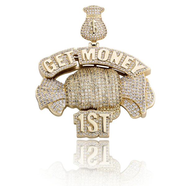 Customized GET MONEY 1st Round VVS Diamond Hip Hop Pendant, Sterling Silver Iced Out Birthday Gift Pendant, Charm Diamond Hip Hop Pendant