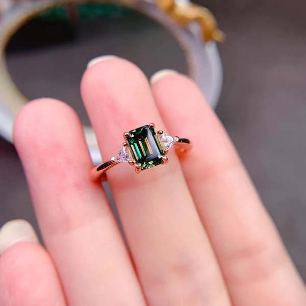 Dainty & Gorgeous Rectangle Emerald Cut Green Moissanite Ring, Sterling Silver Ring, Women's Ring Promise ring